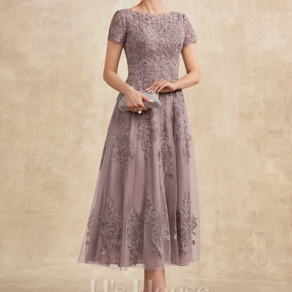 A-line Scoop Tea-Length Tulle Lace Mother of the Bride Dress